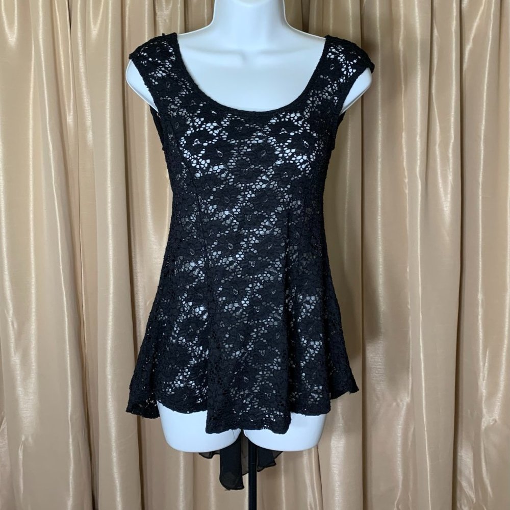 Lovely 153 Black Crochet Lace Hi-Low Sheer Tank
